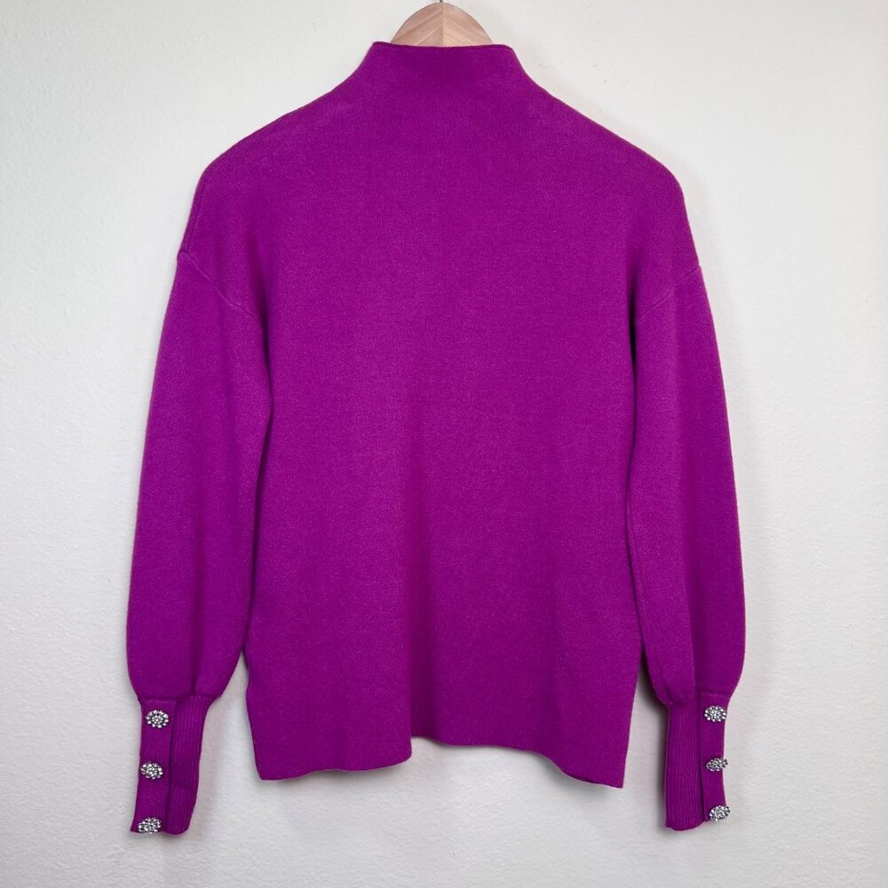 TAHARI Fuchsia Mock Neck Rhinestone Embellished Button Cuff Sweater Size XS